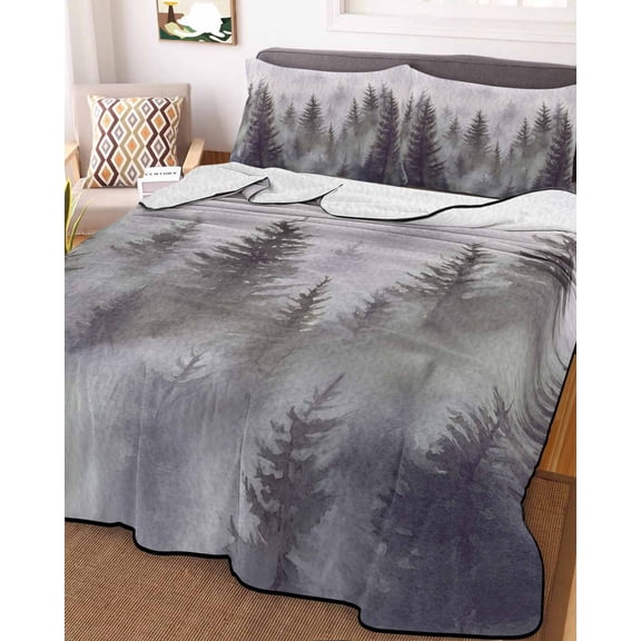 Green Forest Twin Size Down Alternative Comforter, Lightweight Comforter Quilt Bedding Set with Pillow Shams Vintage Rustic Pine Trees Nature Landscape All Seasons Bed Comforter Duvet Insert 68"x86"