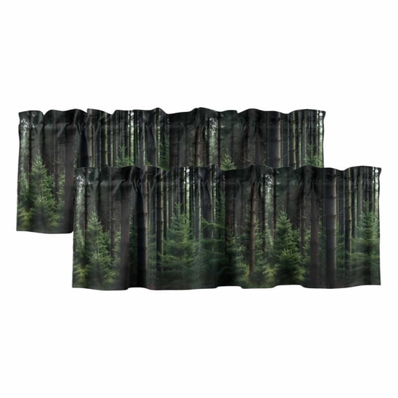 Green Forest Valances for Windows, Mysterious Primitive Forest Pine Tree Light Filtering Kitchen Curtains, Rod Pocket Window Valance Curtains for Living Room Bedroom, 60" W x 18" L, 2 Panels