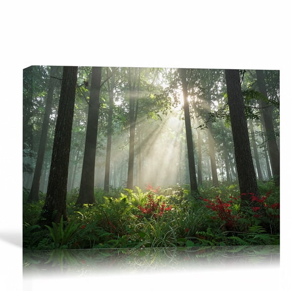 Green Forest Wall Art Sunlight Woodland Landscape Canvas Print Nature Tree Scenery Artwork Modern Rustic Home Decoration 24"L x 16"W