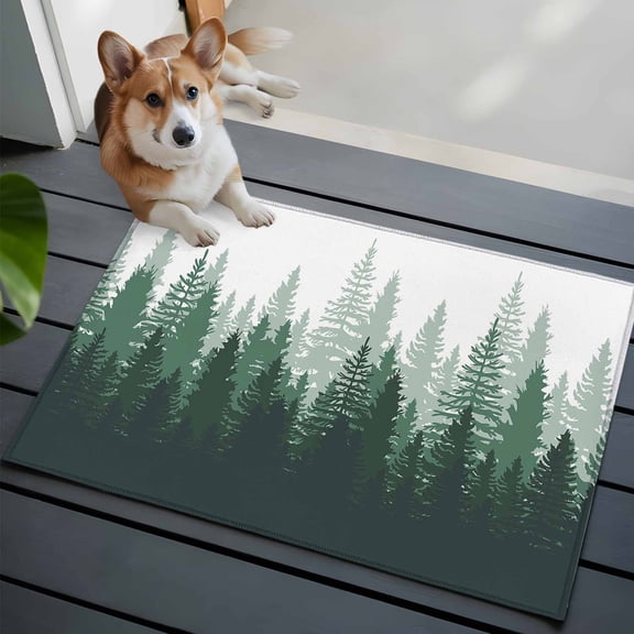 Green Forest Washable Area Rug 2x3 Nature Woodland Tree Misty Forest Silhouette Landscape Low-Profile Area Rugs with Non Slip Backing Indoor Floor Carpet for Entrance Living Room Bedroom Home Office