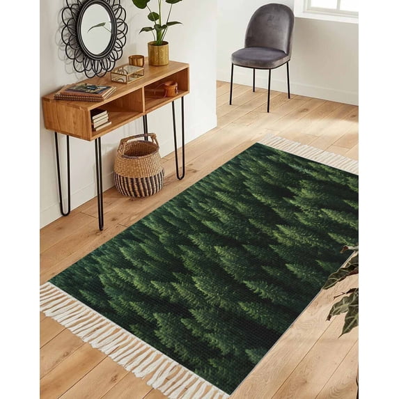 Green Forest Washable Area Rug 3'x5', Pine Trees Modern Mysterious Art Woven Cotton Tassels Kitchen Rugs, Non Slip Indoor Door Mat Throw Carpet for Entryway Living Room Nursery Laundry Room