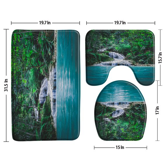 Green Forest Waterfall Scenery Bath Mat Set Non-Slip 3 Piece Bathroom Decor Set Rugs Toilet Cover Lid Cushion U-Shaped Pad Home