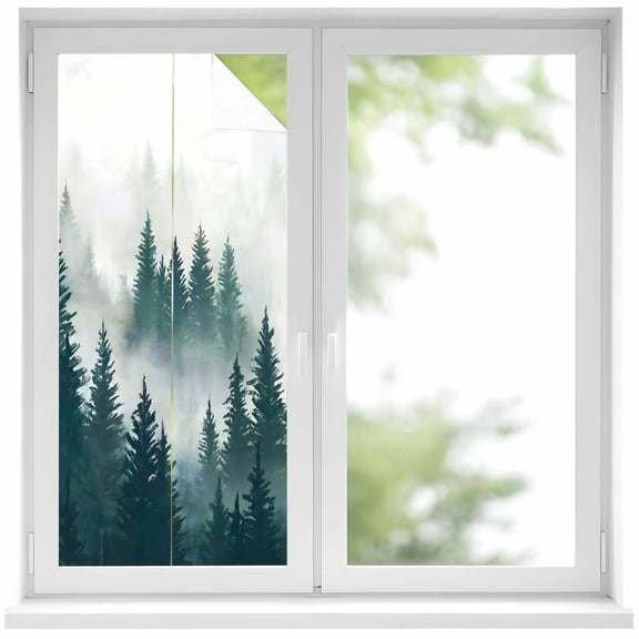 Green Forest Window Privacy Film, Misty Pine Trees Foggy Green Trees Frosted Glass Window Clings Static Cling UV Heat Blocking Reusable Door Sticker for Bathroom 17.7 x 39.3 Inch