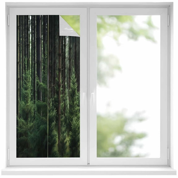 Green Forest Window Privacy Film, Mysterious Primitive Forest Pine Tree Static Cling UV Sun Blocking Heat Control Window Tint Day and Night, Non-Adhesive One Way Windows Privacy Cover 19.6''x39.3''