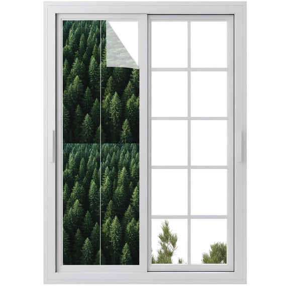 Green Forest Window Privacy Film, Pine Trees Modern Mysterious Art Static Cling UV Sun Blocking Heat Control Window Tint Day and Night, Non-Adhesive One Way Windows Privacy Cover 17.7''x78.7''