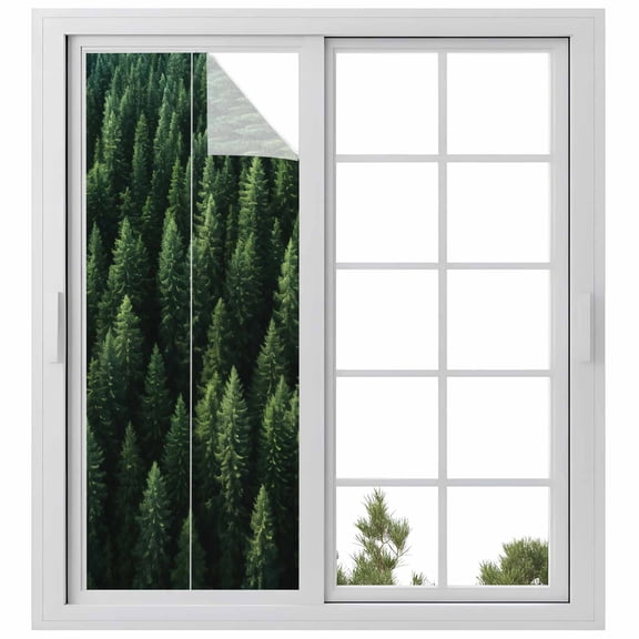 Green Forest Window Privacy Film, Pine Trees Modern Mysterious Art Static Cling UV Sun Blocking Heat Control Window Tint Day and Night, Non-Adhesive Reusable One Way Windows Privacy Cover 23.6''x59''