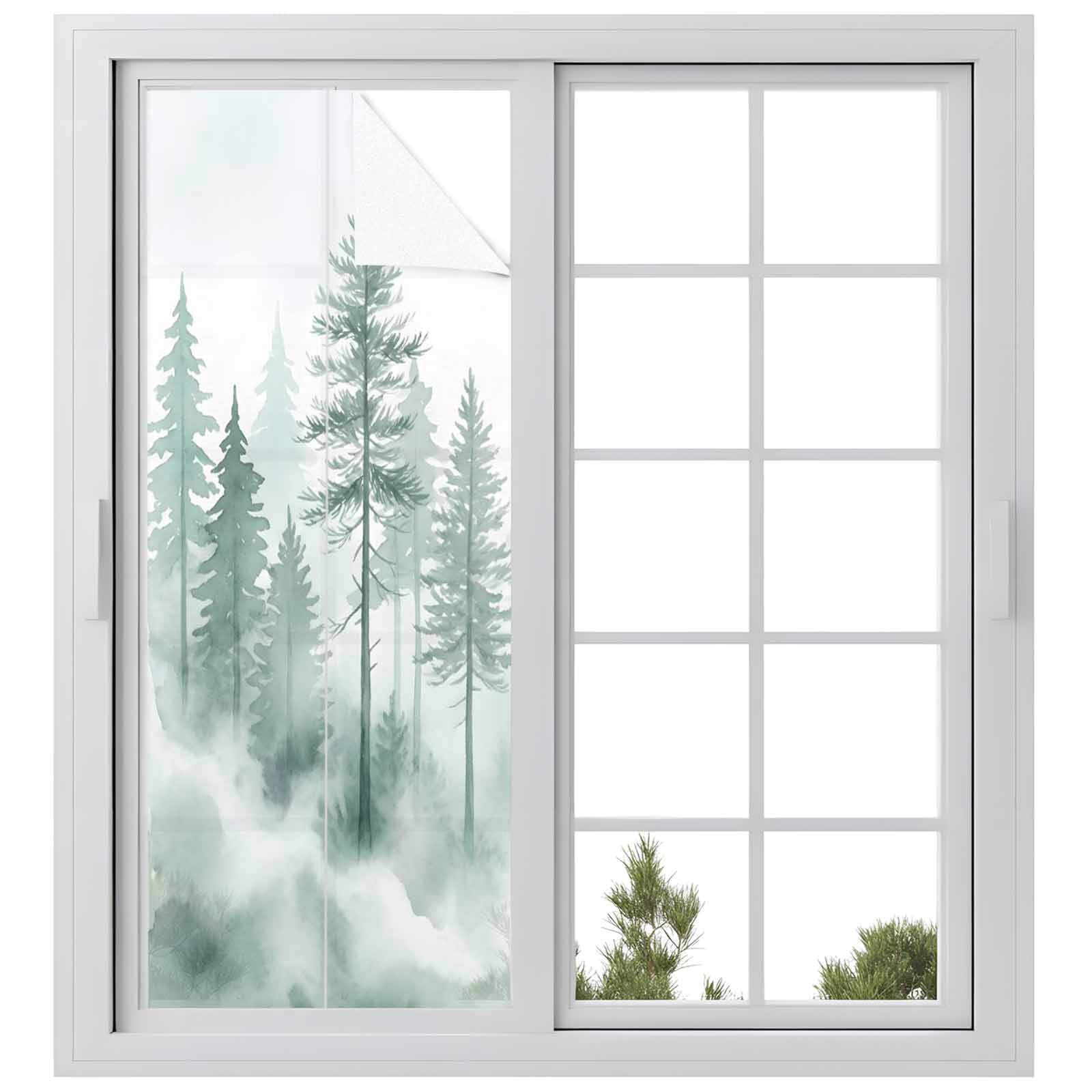 Green Forest Window Privacy Film, Watercolor Misty Green Tall Trees Frosted Glass Window Clings Static Cling UV Heat Blocking Reusable Door Sticker for Bathroom 23.6 x 59 Inch