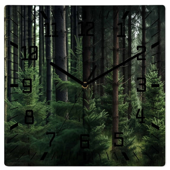 Green Forest Wooden Wall Clock Silent Non Ticking, Mysterious Primitive Forest Pine Tree Square Wall Clocks Battery Operated, Decor Clock for Home Office, Living Room, Kitchen, 10 Inch
