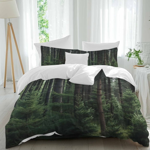 Green Forest Woods Woodland Queen Size Bed Set,Nature Scenery Landscape Bedding for All Seasons,4 Pcs Bed Set,1 Quiltcover (90"x92"),1 Sheet(94"x116"),2 Pillowcases (30"x20")
