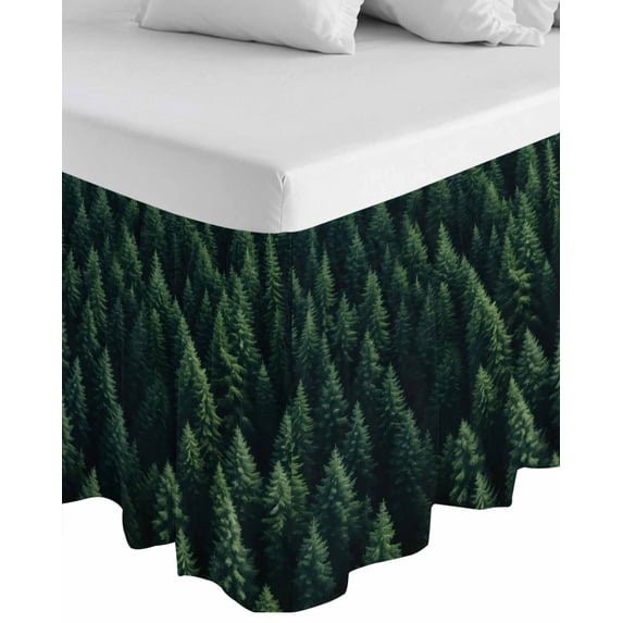 Green Forest Wrap Around Bed Skirts for King Bed 18" Drop, Bed Skirt with Adjustable Elastic Belt Dust Ruffle Bed Valance for Bedroom Hotel Luxury Modern Pine Trees Mysterious Art Bed Frame Cover
