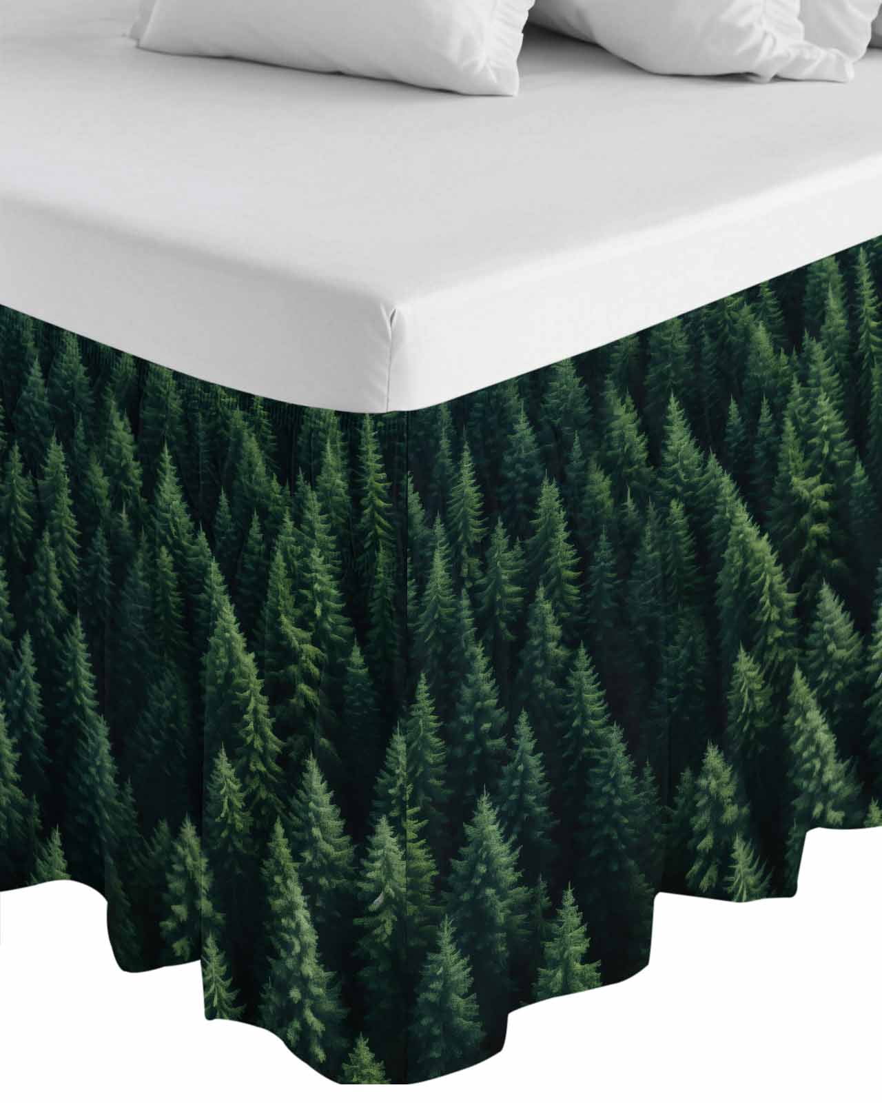 Green Forest Wrap Around Bed Skirts for Queen Bed 16" Drop, Bed Skirt with Adjustable Elastic Belt Dust Ruffle Bed Valance for Bedroom Hotel Luxury Modern Pine Trees Mysterious Art Bed Frame Cover