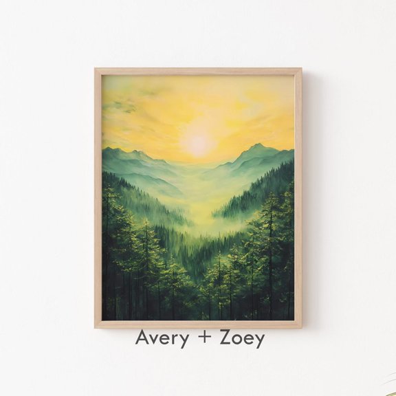 Green Forest Yellow Sky Pine Sunrise Emerald Mountain Range Wall Décor