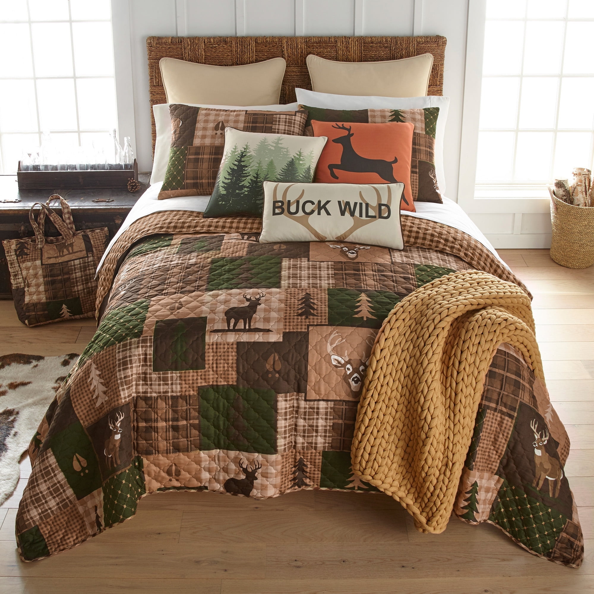 Rustic Brown and Green Microfiber King Quilt Set