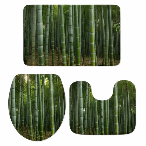 Green Forests Bathroom Rugs Set Nature Landscapes Lush Plant Spring Non Slip Absorbent Soft Bath Mats 3 Piece Set with Bathroom Rug, U-Shaped Floor Mat, Toilet Seat Cover Small Size