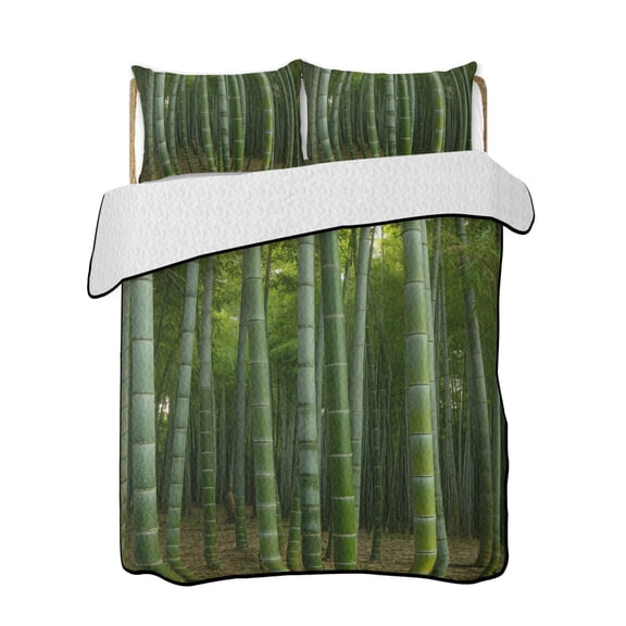 Green Forests Quilts Bedding Set Queen Size Nature Landscapes Lush Plant Spring Lightweight Quilted Bedspread 3 Piece Bed Quilt with 2 Pillow Shams All Season for Bedroom 78" x 90"