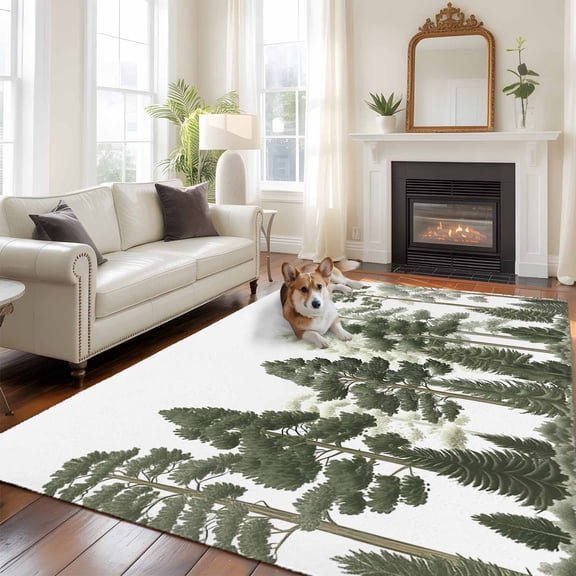 Green Forests Tree Area Rug 5x8 FT, Non Slip Bedroom Throw Carpet, Pine Maple Trees Nature Pure Color Washable Soft Floor Carpet Non-Shedding Rug for Living Room Nursery Dorm Office