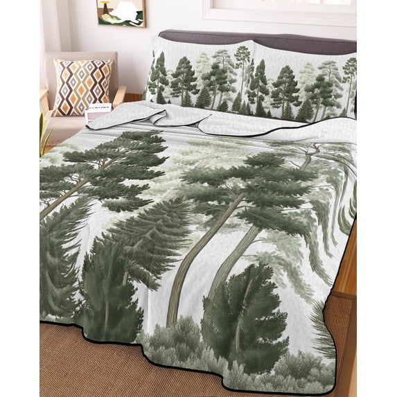 Green Forests Tree Queen Size Down Alternative Comforter, Lightweight Comforter Quilt Bedding Set with Pillow Shams Pine Maple Trees Nature Pure Color All Seasons Bed Comforter Duvet Insert 90"x96"