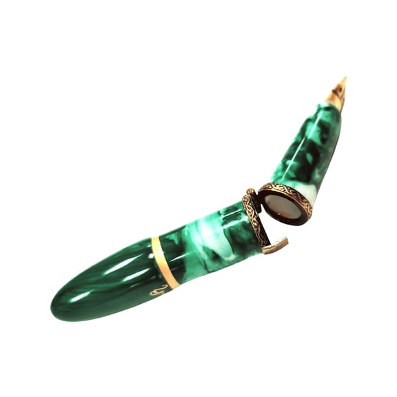 Green Elegance Fountain Pen for Writing Enthusiasts Limoges Box Porcelain Figurine