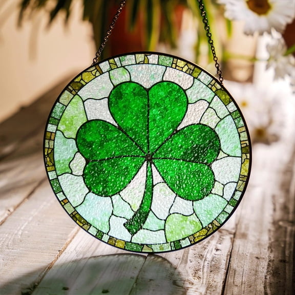 Green Four Leaf Clover Glass Suncatcher, Lucky St Patrick's Day Home Decor, 3.5 in