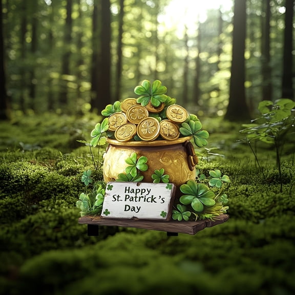 Green Four-Leaf Clover Potted Decoration – Lucky Holiday Standing Card Table Decor for Home Office Desktop, Festive St. Patrick’s Day Mini Plant Ornament, Freestanding Design