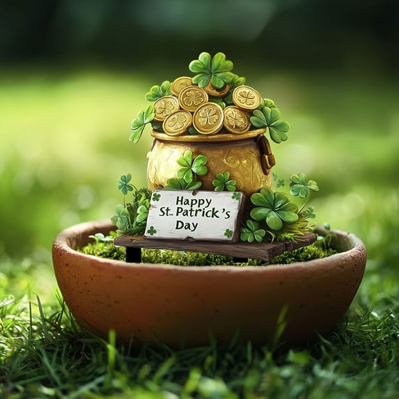 Green Four-Leaf Clover Potted Plant Decoration, Holiday Standing Card Tabletop Centerpiece for Luck and Fortune Display