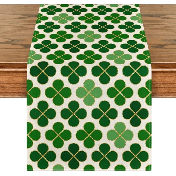 Green Four Leaf Clover Shamrocks St. Patrick''s Day Table Runner, Holiday Kitchen Dining Table Decoration Home Party Decor 13x36 Inch
