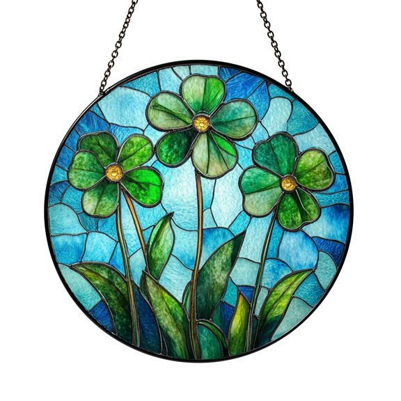 Green Four Leaf Clover Stained Glass Suncatcher Window Hanging, Botanical Round Glass Art Panel, Nature Inspired Decorative Window Decor Gift for Garden Lovers