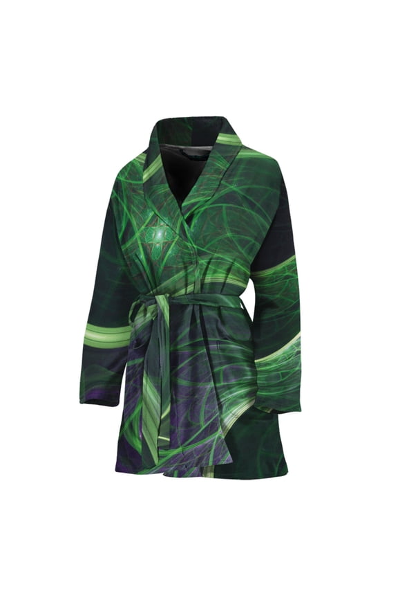 Green Fractal Women Bathrobe One Size Univeral Fits, Bohemian Mandala Yoga Boho Geometric Psychedelic Fashion Lightweight Plush Fleece Long Robe For Women