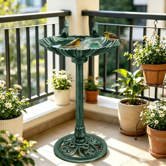 Green Freestanding Leaf-Shaped Solar Bird Bath with Durable PP Resin Construction for Outdoor Garden Yard and Patio Use