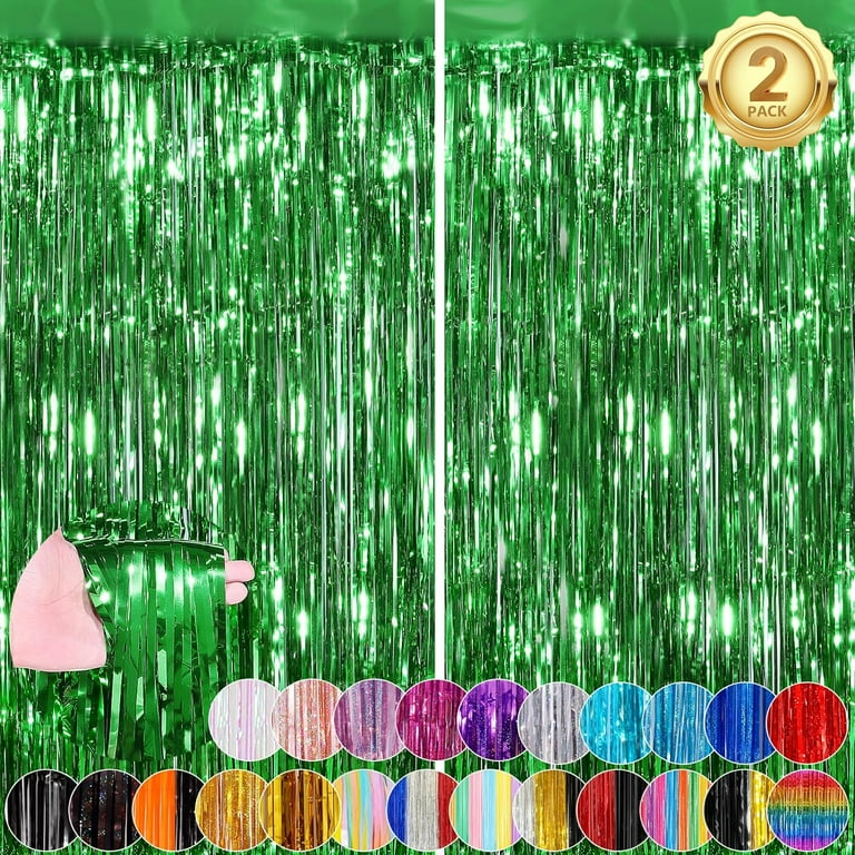3 Pack Green Metallic Tinsel Curtains - 3.28' X 8.2' Foil Fringe For Party Backdrop