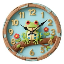 Green Frog 3D Wooden Wall Clock - 10x10 Inch Wooden Silent Wall Clock, Round Battery-Powered Decor for Living Room, Bedroom, Office