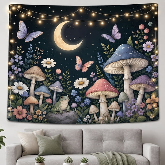 Green Frog Among Moonlit Mushrooms, Whimsical Fantasy for Nature Lovers, Enchanted Forest Decor, Housewarming Gift, Tapestry Wall Hanging for Bedroom and Living Room