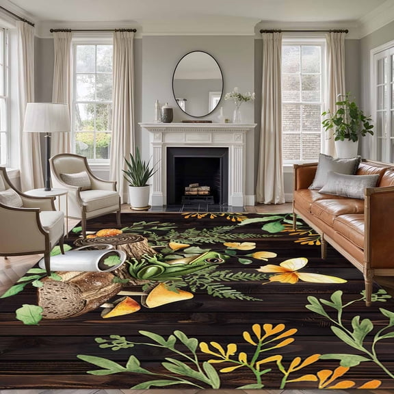 Green Frog Area Rug 6x9 FT, Non Slip Living Room Throw Carpet, Butterfly Plant Flowers Mushroom Coffee Brown Washable Soft Large Floor Carpet Non-Shedding Rug for Bedroom Dining Room Play Room