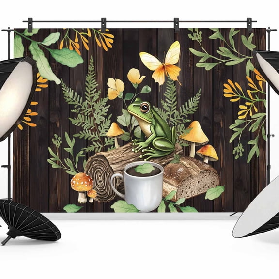 Green Frog Backdrop for Photoshoot,Photography Photo Studio Background Wall Backdrop,Butterfly Plant Flowers Mushroom Coffee Brown Back Drop Banner Panel for Portraits Wedding Live Streaming 7x5Ft