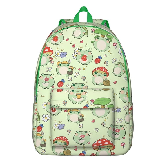 Green Frog Backpack – Forest Nature Style with Cartoon Frog, Flower, and Mushroom Print for Daily Use