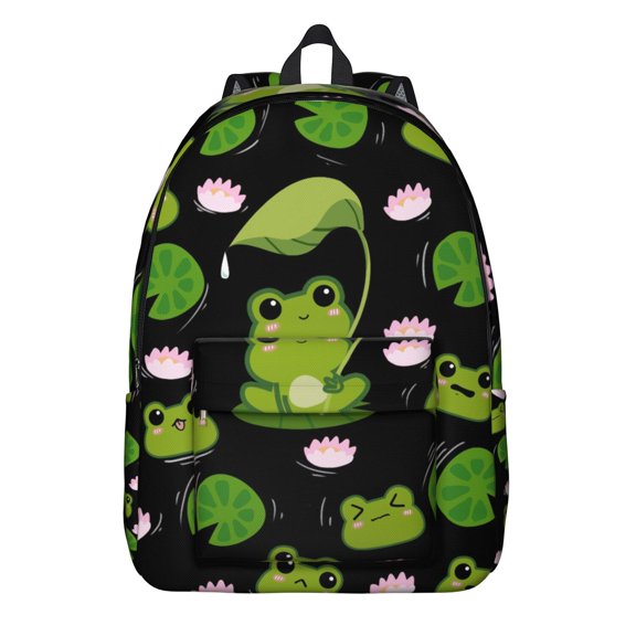 Green Frog Backpack – Forest Nature Style with Cartoon Frog, Flower, and Mushroom Print for Daily Use