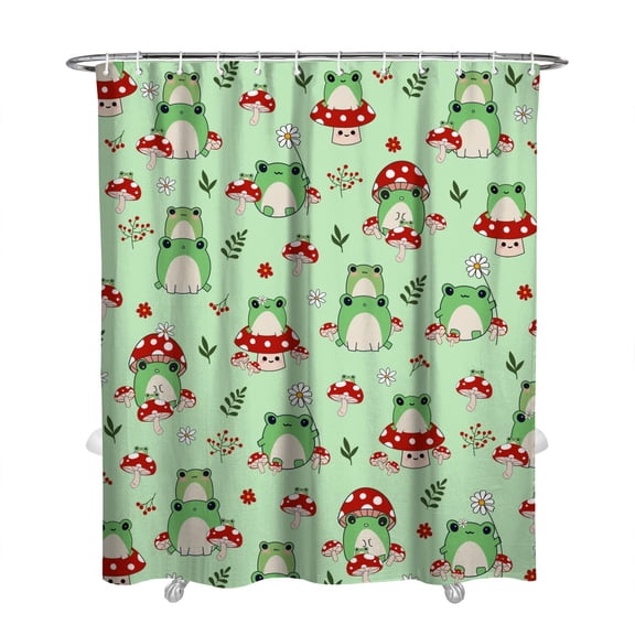 Green Frog Bathroom Curtain, Cute Cartoon Frog & Plant Design, Quick-Dry Waterproof Shower Drape 72x84 Inch, Includes 12 Hooks for Standard Bathtubs