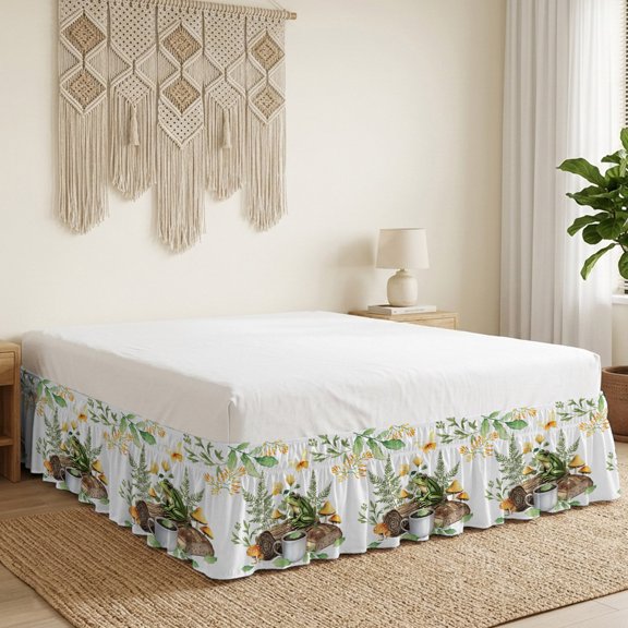 Green Frog Bed Skirt Bed Skirts Queen Size 16 Inch Drop, Coffee Mushroom Butterfly Pastoral Flowers Wrap Around Dust Ruffle Bedskirt with Adjustable Elastic Belt for Queen Size Beds