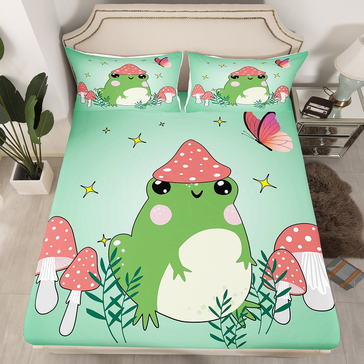 Green Frog Bedding Set Red Mushroom Decor,Cartoon Wildlife Rustic ...