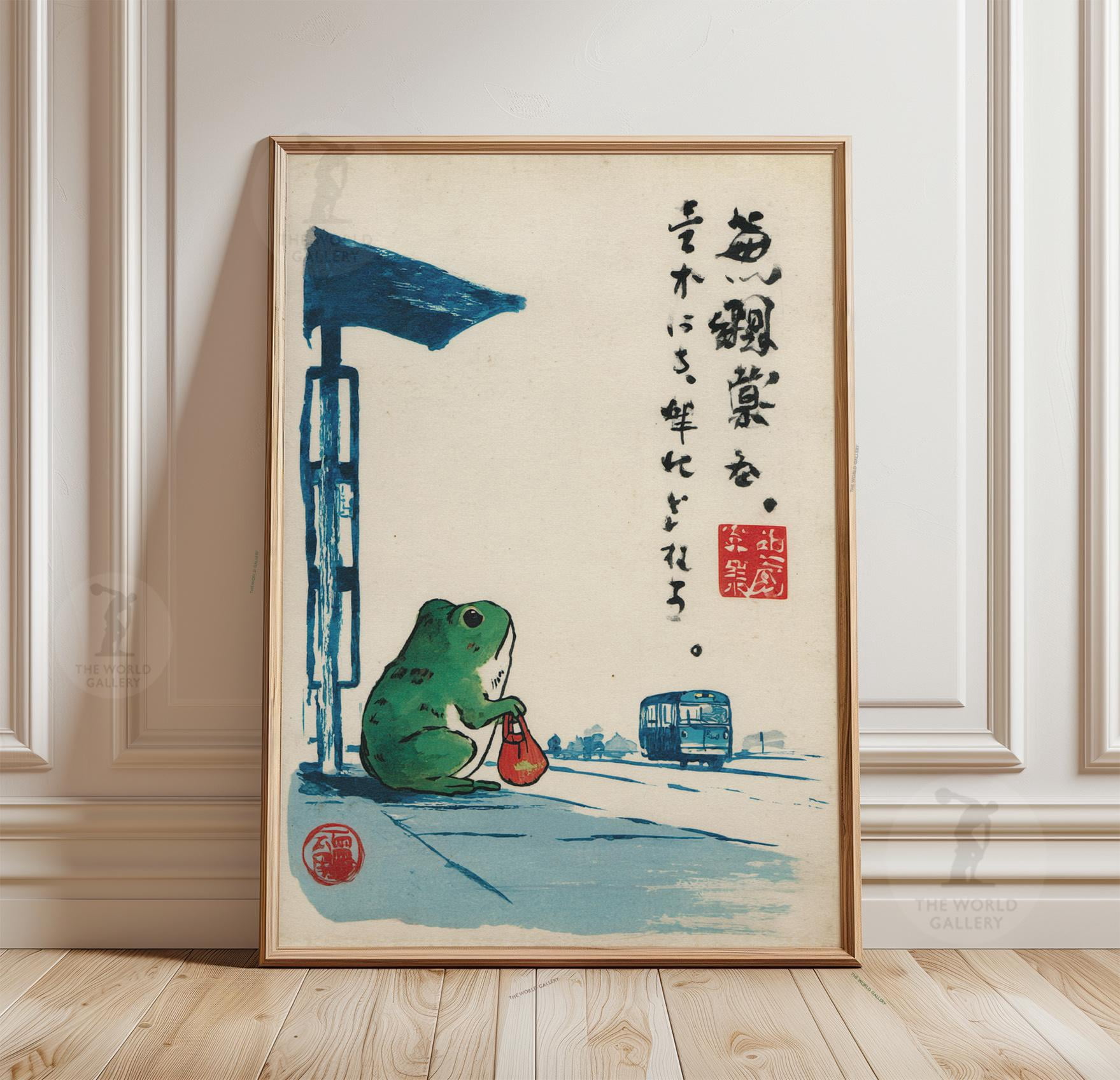 Green Frog Bus Stop Poster, Japanese Style Linocut Street Art , Poster ...