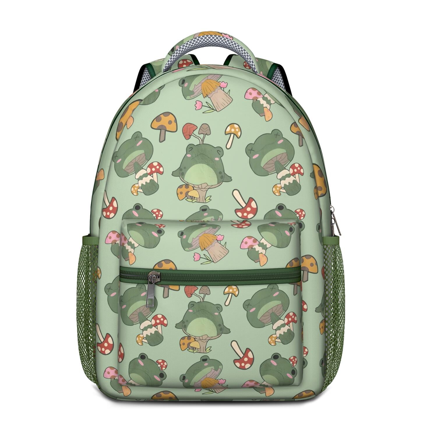 Green Frog Cartoon Print School Backpack – Cute Frog and Mushroom ...
