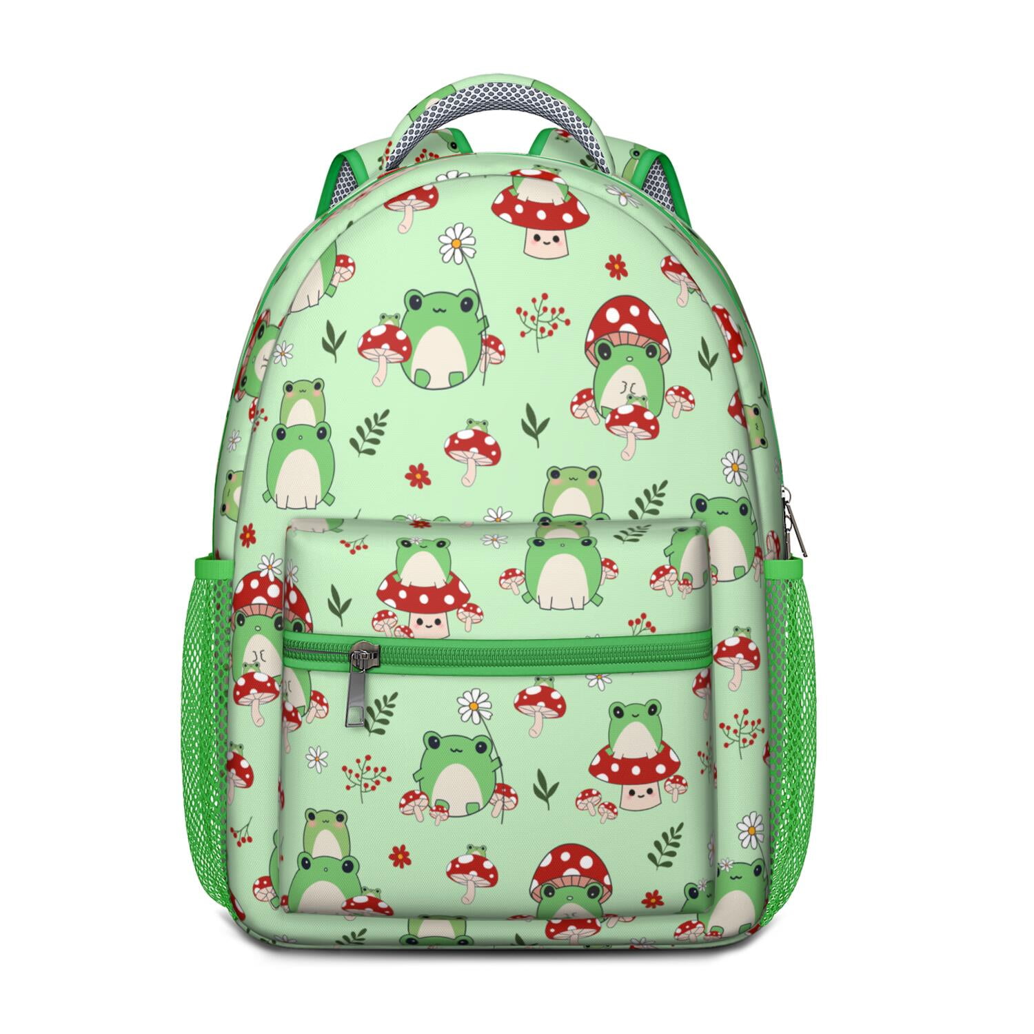 Green Frog Cartoon Print School Backpack – Cute Frog and Mushroom ...