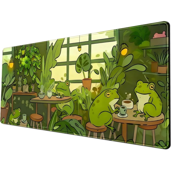 Green Frog Desk Mat Cute Anime Desk Pad 31.5''X11.8'' Large Gaming Mouse Pad Extended Big Lofi Mousepad XL Frogs in a Cafe Keyboard Mouse Mat Gift for Gamers Office Decor