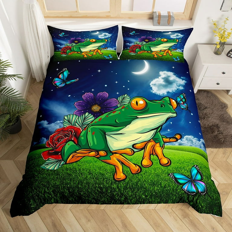 Green Frog Duvet Cover Cartoon Reptile Bedding Set for Kids Child Starry Sky Galaxy Comforter Cover Dark Night Glitter Stars Moon Twin Bed Set Cute Amphibious Animal Room Decor Walmart