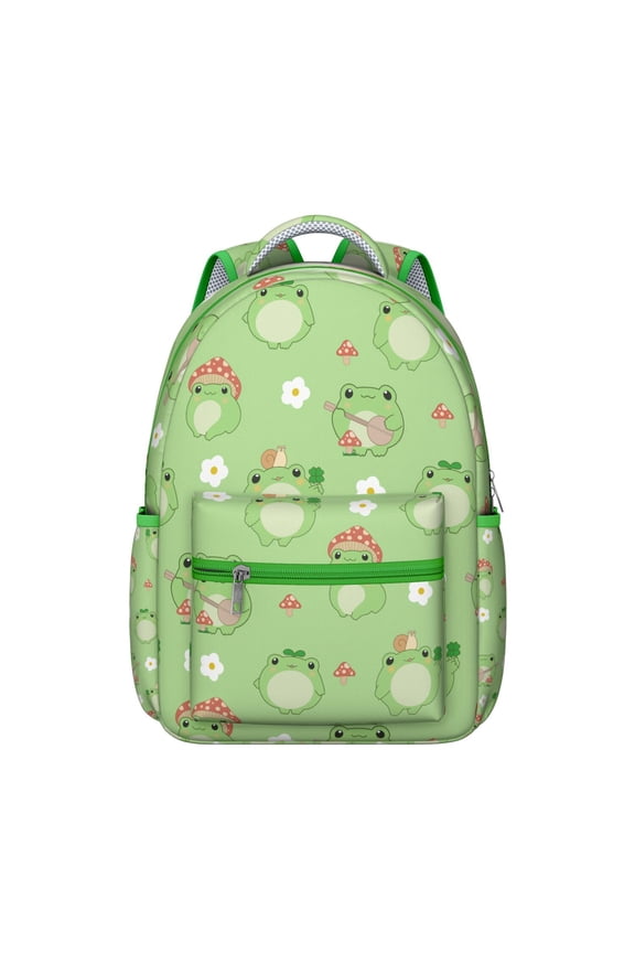 Green Frog Forest Pattern Waterproof Bookbag - Lightweight Student Backpack with Spinal Support, Organized Storage & Durable Material for s and Commuters