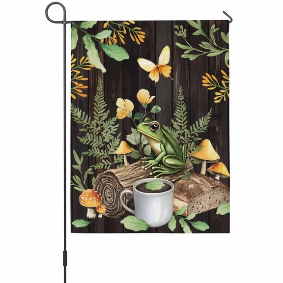 Green Frog Garden Flags For Outdoor, Coffee Mushroom Butterfly Brown Wood Broad Small Double Side Yard Flags Weather Proof Garden Decor for Lawn Outside Holiday 12 x 18 Inches
