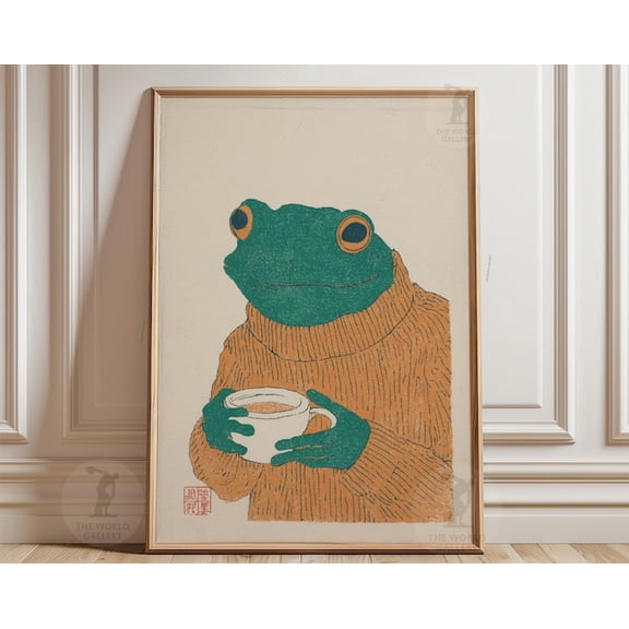 Green Frog Holding Coffee Teal Mustard Wall Art Print, Unframed Paper Poster 8x10in