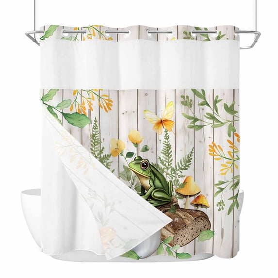 Green Frog No Hooks Shower Curtain with Snap-in Liner Coffee Mushroom Butterfly White Wood Broad Shower Curtains for Bathroom, Waterproof, Easy Install, Washable 72"x72"