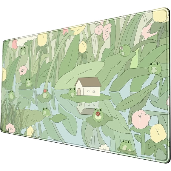 Green Frog Keyboard Mat Cute-31.5x15.7in-Green Floral Frog Mousepad-Plant Desk Pad- Tulip Aesthetic Desk Mat-Anime Mouse Mat- Desk Organizer Large Gaming Pads