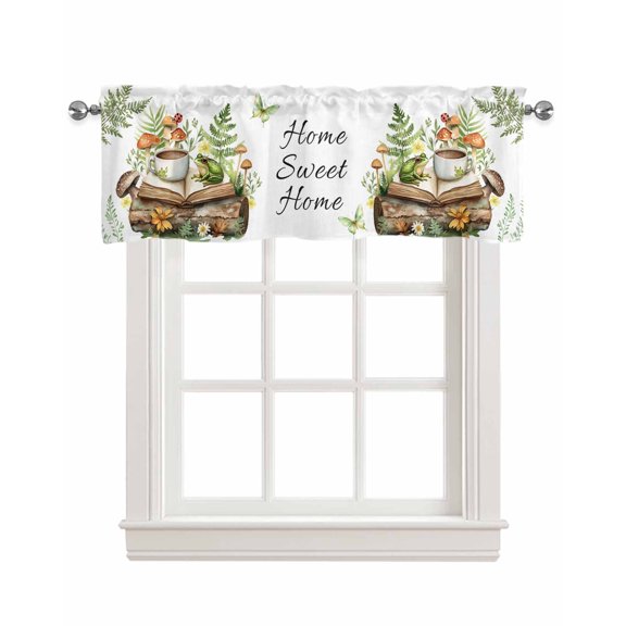Green Frog Kitchen Valances for Windows Farmhouse Linen Window Valance Curtain for Living Room Window Treatment Botanical Plant Butterfly Coffee Flower Valance Rod Pocket Topper Drape, 42 x 18 Inch